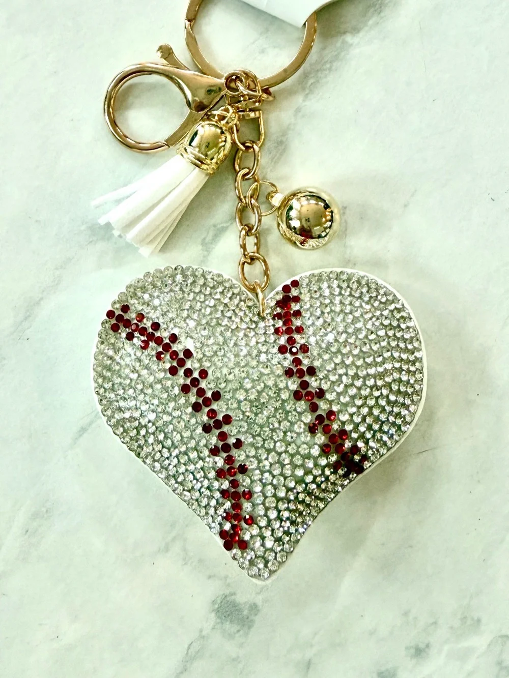 ✨ Bling Heart Baseball Puffy Keychain Bag Charm with Tassel ✨